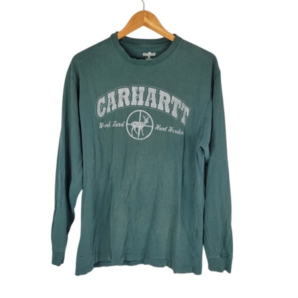 Carhartt 100% Cotton Long Sleeved Tee Shirt Green Size Medium Thrashed Grunge